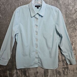 Lands End Women's Sz 10 Blue green stripe White Blouse casual office